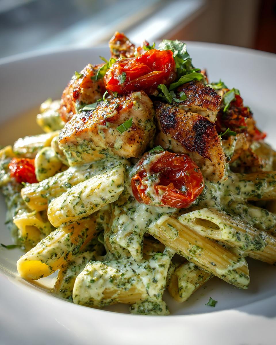 Amazing creamy pesto chicken pasta in 40 mins 4 A close-up of creamy pesto chicken pasta topped with seared chicken pieces and roasted cherry tomatoes.