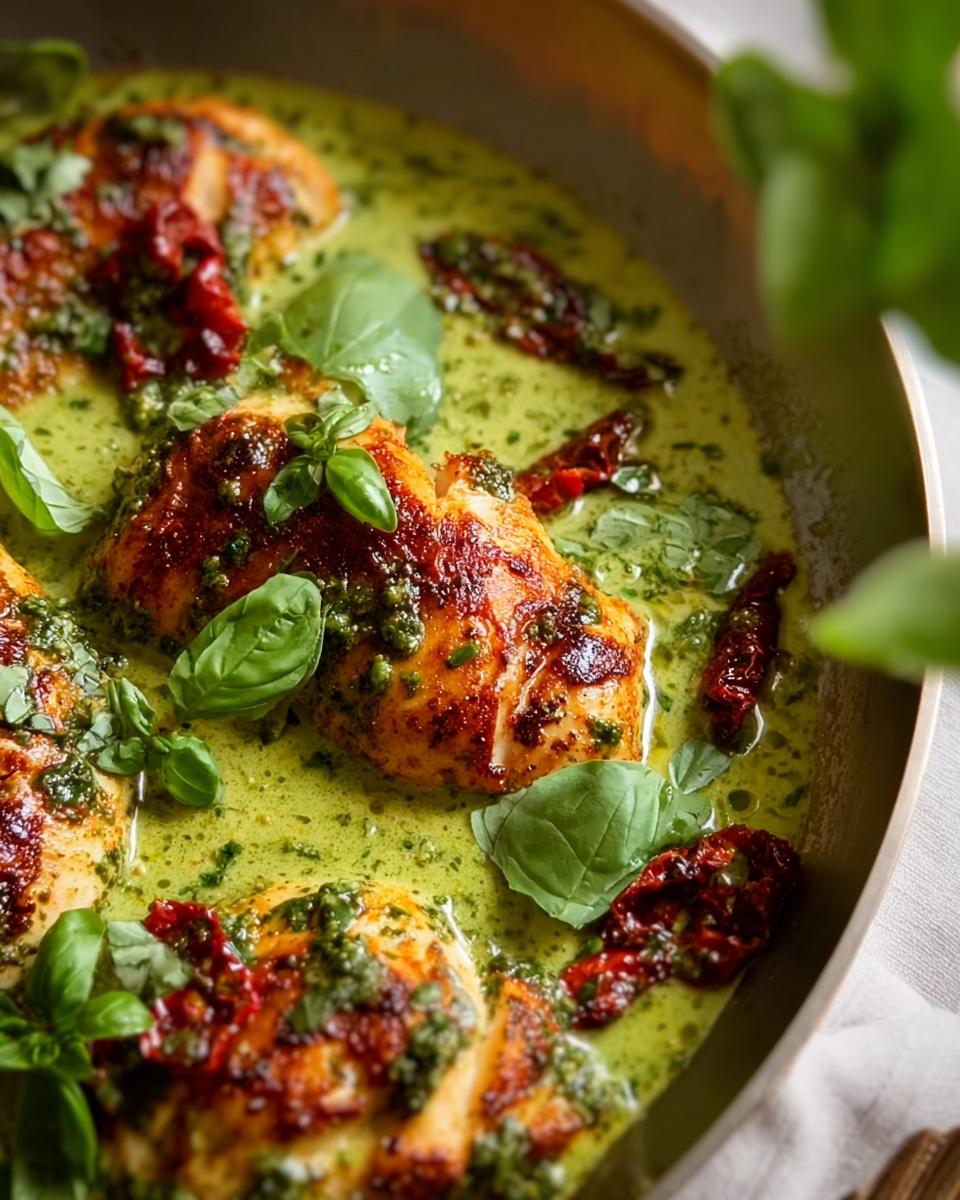 25-Minute Creamy Pesto Sun-Dried Tomato Chicken Magic 4 Close-up of pan-seared chicken breasts in a creamy pesto sauce with sun-dried tomatoes and fresh basil.
