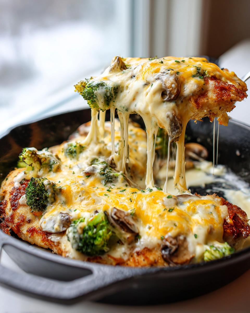 Amazing Creamy Ranch Chicken Skillet: 40 Min 4 A piece of Creamy Ranch Chicken Skillet being lifted, showing melted cheese, broccoli florets, and mushrooms.