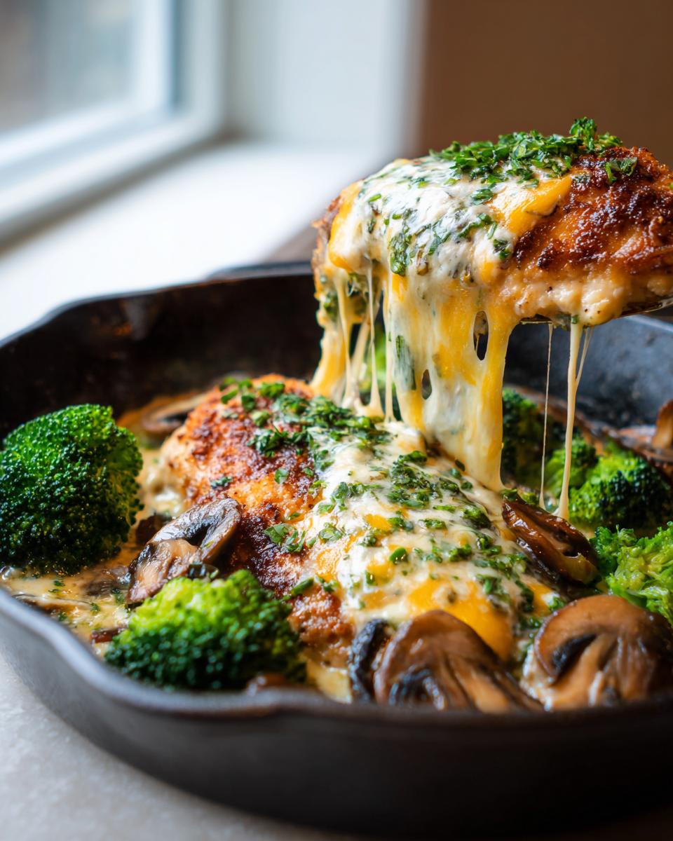 Amazing Creamy Ranch Chicken Skillet: 40 Min 5 A piece of chicken is lifted from a skillet, showing strings of melted cheese from the Creamy Ranch Chicken Skillet.
