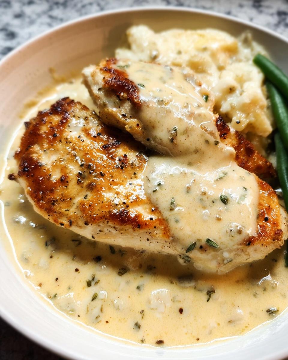 Your 30-Minute Creamy Ranch Chicken Skillet Magic 4 Two pan-seared chicken breasts covered in creamy ranch sauce, served with mashed potatoes and green beans.