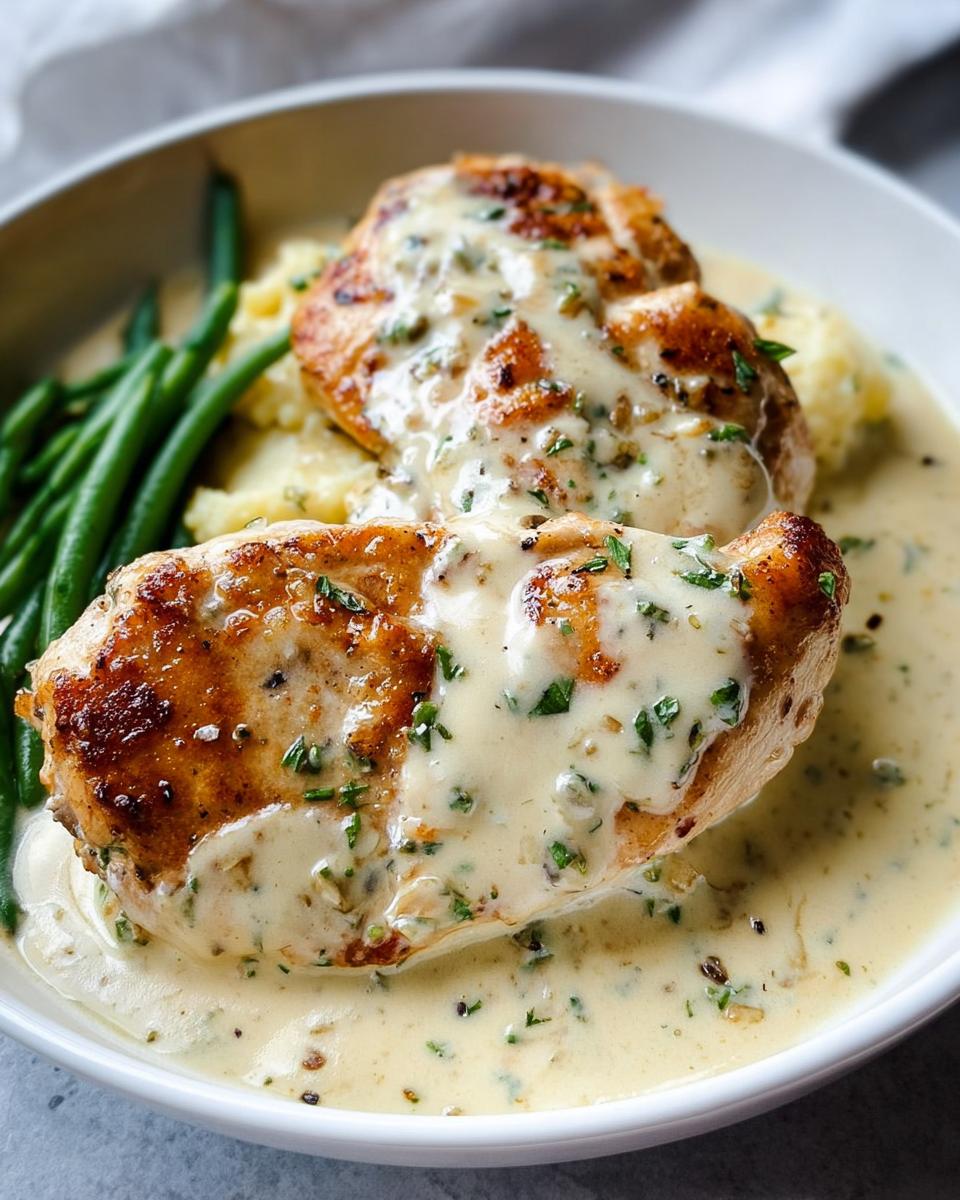 Your 30-Minute Creamy Ranch Chicken Skillet Magic 5 Two pan-seared chicken breasts covered in creamy ranch sauce, served with mashed potatoes and green beans.