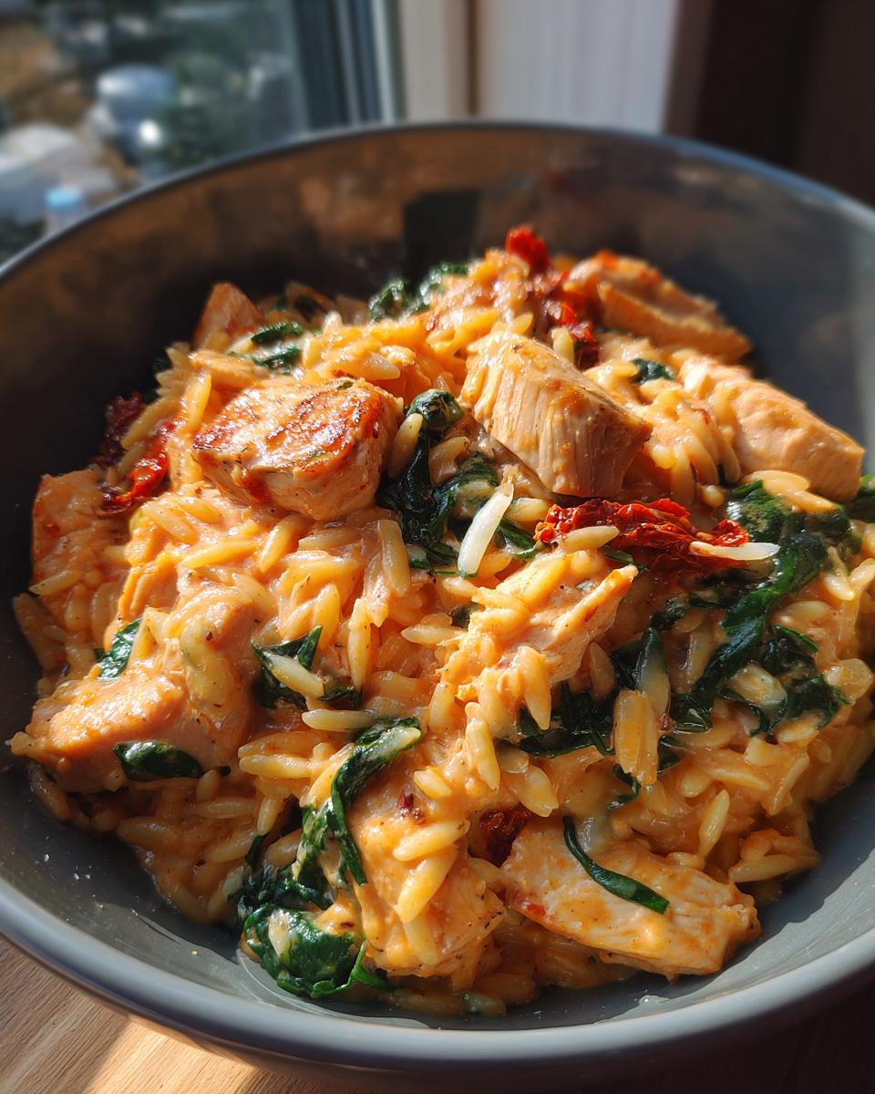 35-Minute Creamy Sun Dried Tomato Chicken Orzo Perfection 4 Close-up of a bowl of Creamy Sun Dried Tomato Chicken Orzo with spinach and chicken pieces.