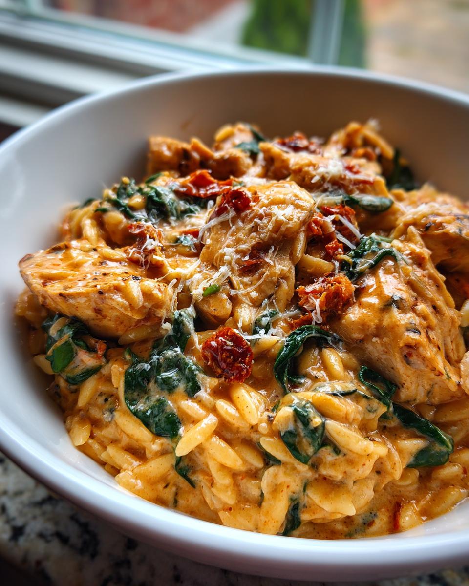 35-Minute Creamy Sun Dried Tomato Chicken Orzo Perfection 5 Close-up of Creamy Sun Dried Tomato Chicken Orzo with spinach and shredded parmesan.