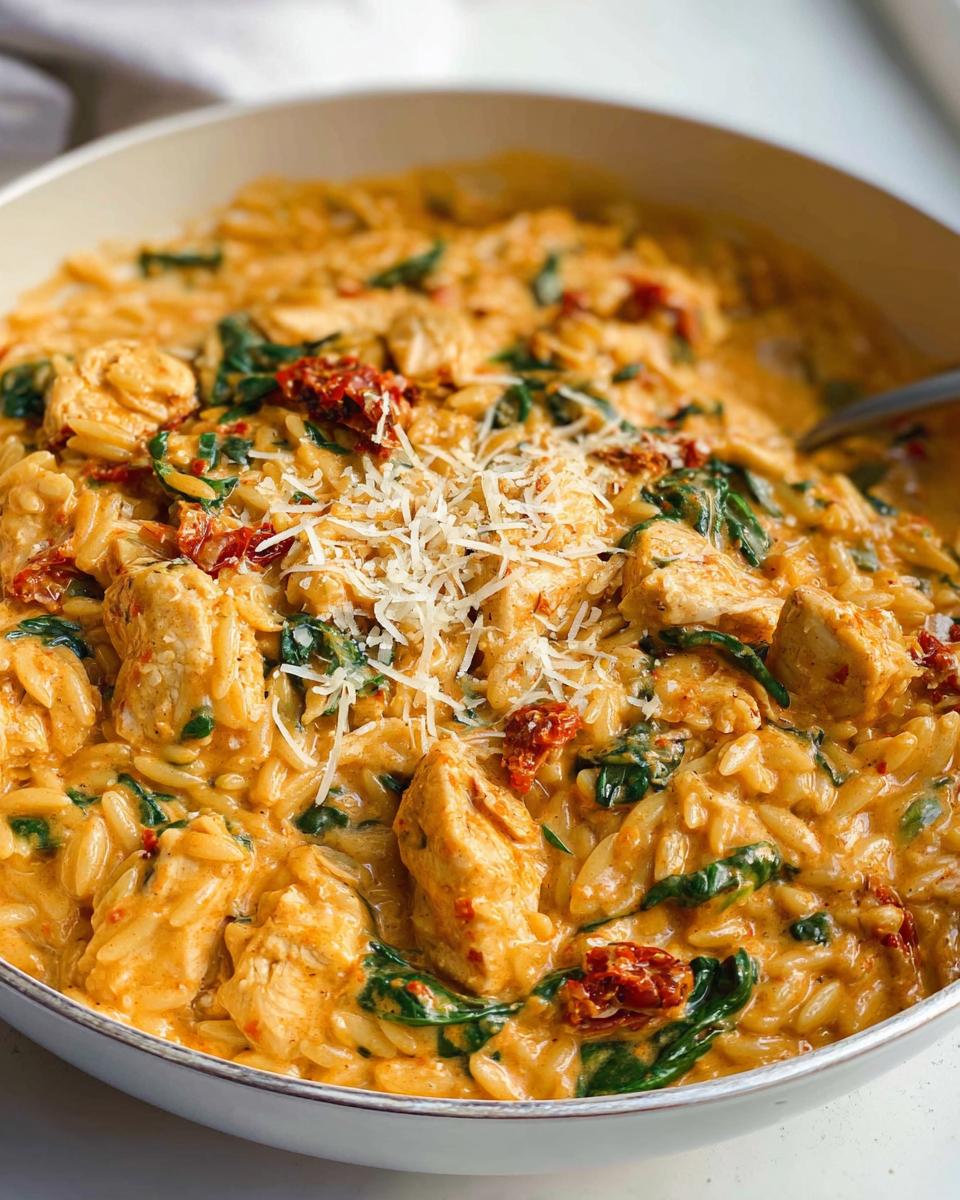 30-Minute Creamy Sun-Dried Tomato Chicken Orzo Lifesaver 5 A close-up of a bowl filled with Creamy Sun-Dried Tomato Chicken Orzo, topped with shredded Parmesan cheese.