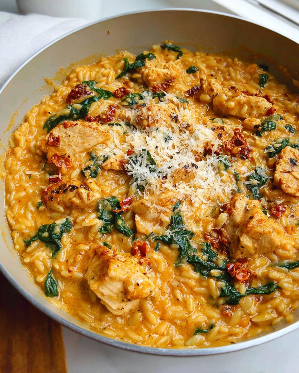 30-Minute Creamy Sun-Dried Tomato Chicken Orzo Lifesaver 4 Close-up of Creamy Sun-Dried Tomato Chicken Orzo in a pan, topped with shredded cheese and spinach.