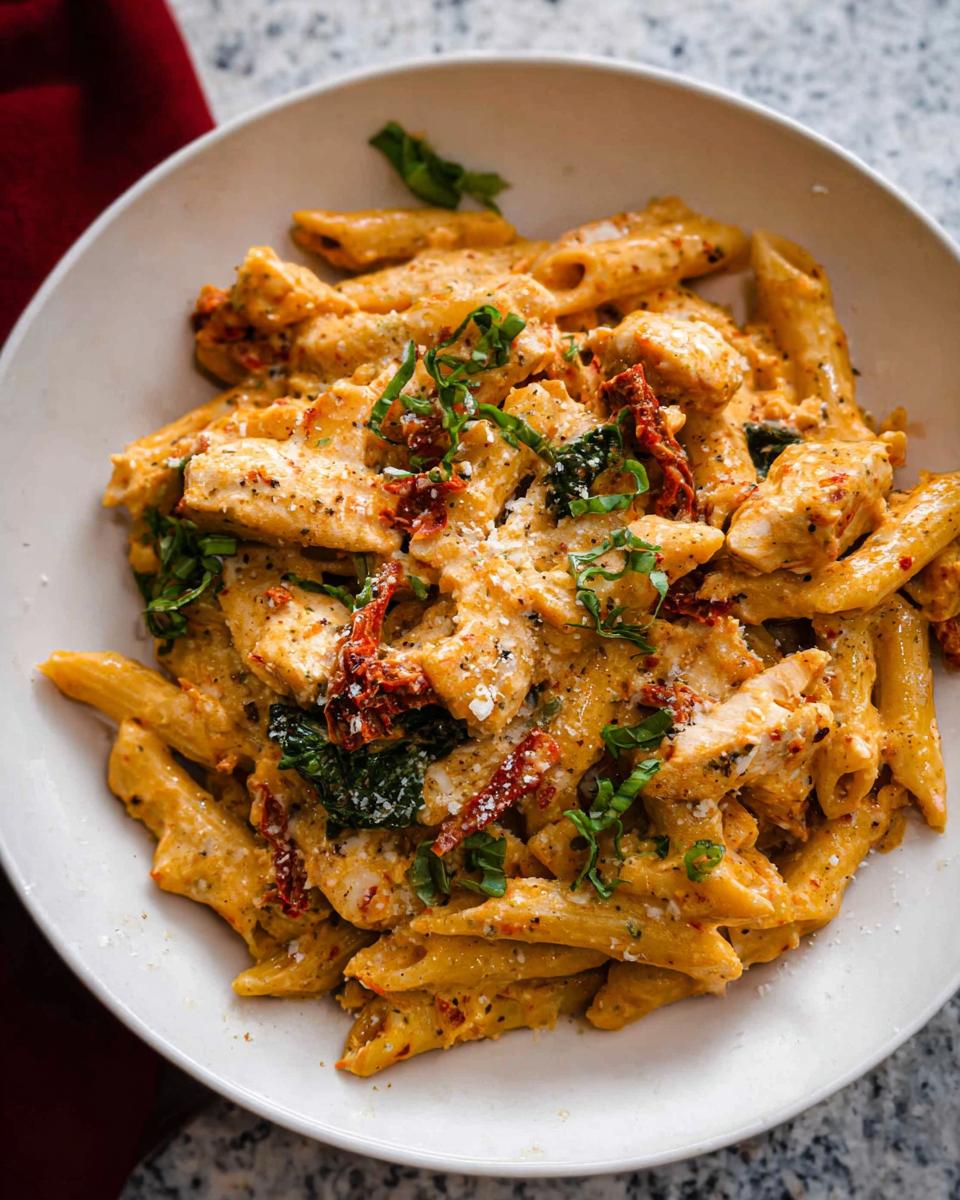 Irresistible 30-Minute Creamy Sun Dried Tomato Chicken Pasta 4 A close-up of a bowl of Creamy Sun Dried Tomato Chicken Pasta, featuring penne pasta, chicken pieces, and sun-dried tomatoes.
