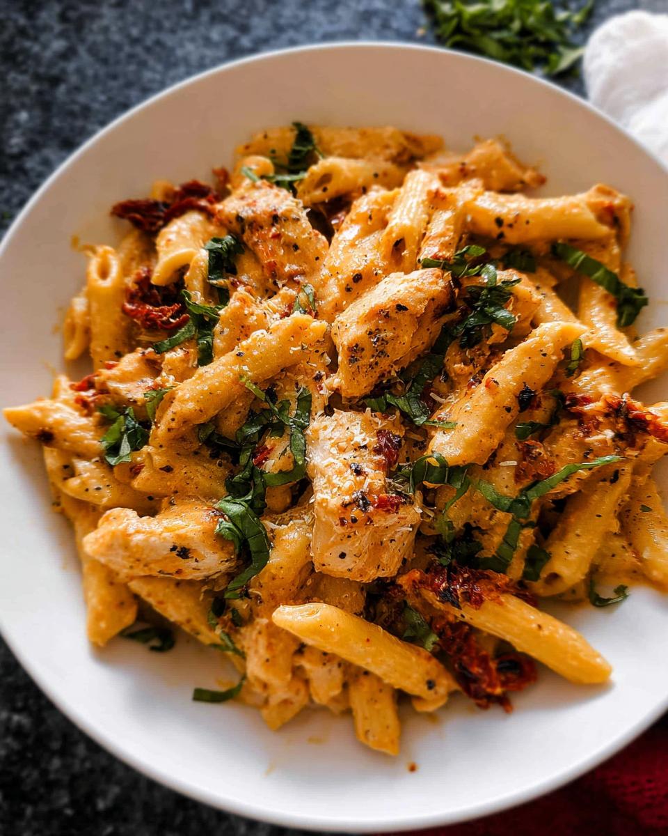 Irresistible 30-Minute Creamy Sun Dried Tomato Chicken Pasta 5 A close-up of a white bowl filled with Creamy Sun Dried Tomato Chicken Pasta, garnished with fresh basil.