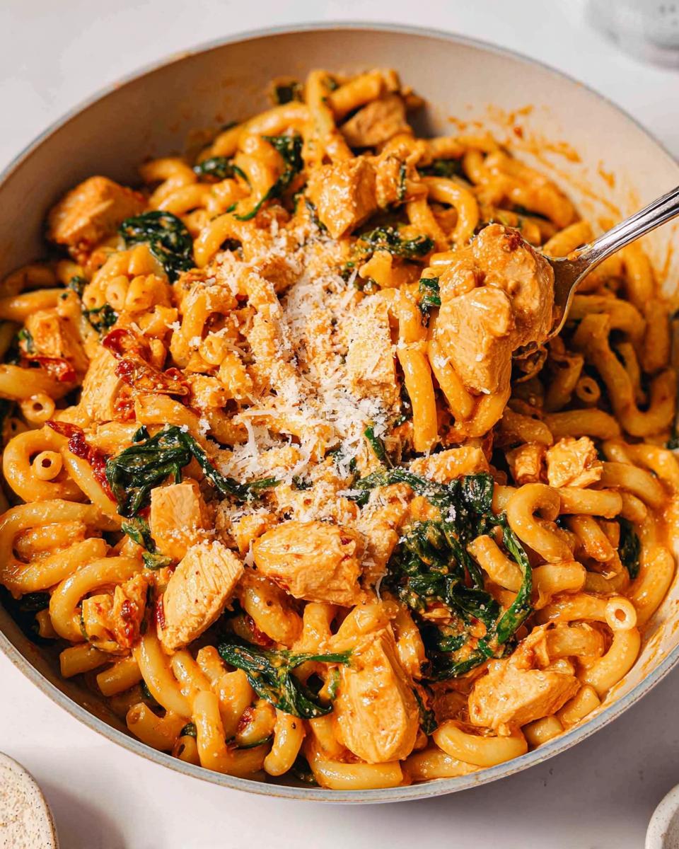 Your Perfect 30-Minute Creamy Sun-Dried Tomato Chicken Pasta 5 A close-up of a bowl of Creamy Sun-Dried Tomato Chicken Pasta, with a spoonful being lifted.