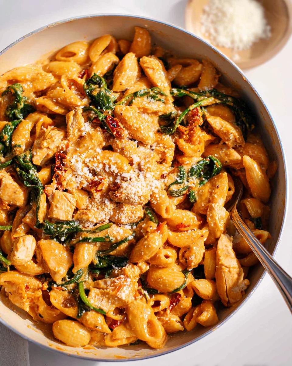 Your Perfect 30-Minute Creamy Sun-Dried Tomato Chicken Pasta 4 A close-up overhead view of a pan filled with Creamy Sun-Dried Tomato Chicken Pasta, garnished with parmesan cheese.