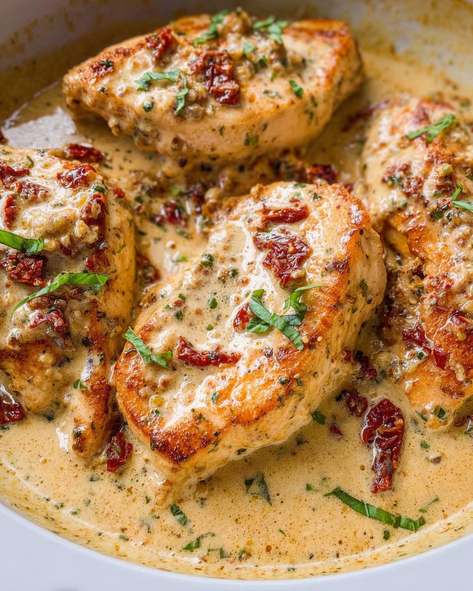 25-Minute Creamy Sun-Dried Tomato Chicken Skillet Perfection 4 Close-up of pan-seared chicken breasts in a creamy sun-dried tomato sauce, garnished with fresh basil.