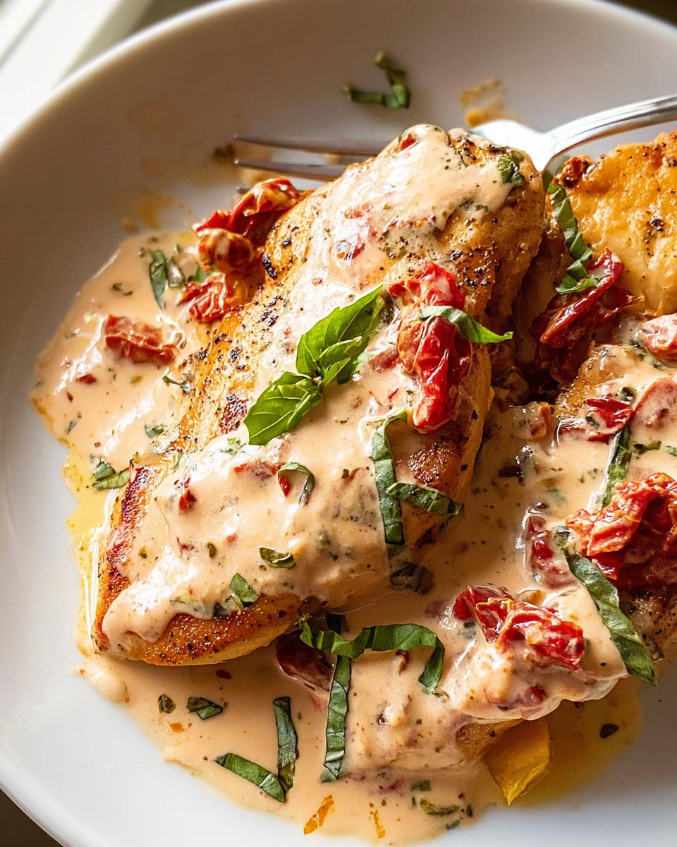 40-Minute Creamy Sun-Dried Tomato Chicken Skillet Magic 4 Close-up of pan-seared chicken breasts in a creamy sun-dried tomato sauce with fresh basil.