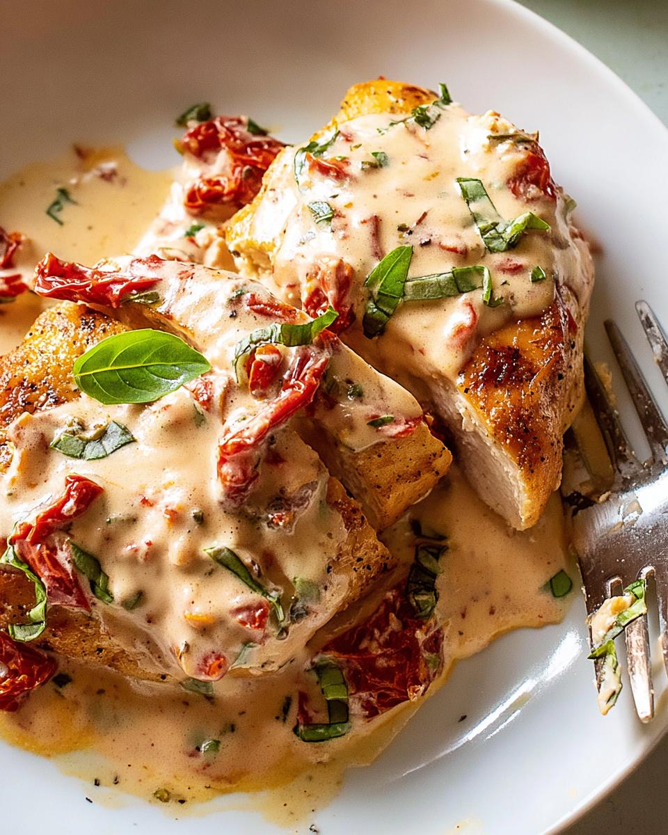 40-Minute Creamy Sun-Dried Tomato Chicken Skillet Magic 5 A close-up of a Creamy Sun-Dried Tomato Chicken Skillet, featuring tender chicken breasts in a rich, creamy sauce with sun-dried tomatoes and basil.