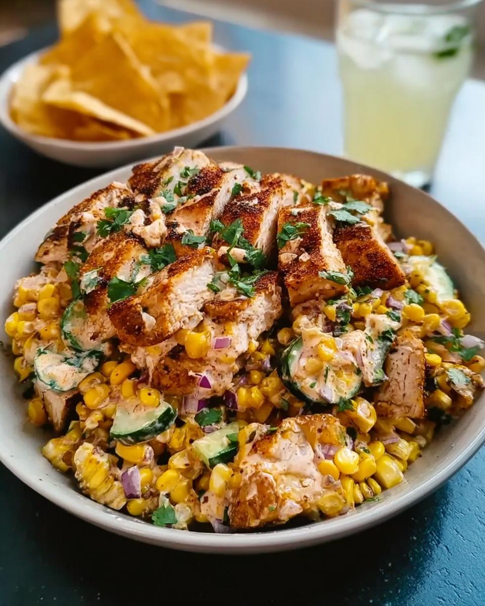 Irresistible Creamy Tex Mex Chicken Corn Salad Recipe 4 A bowl of Creamy Tex Mex Chicken Corn Salad topped with sliced grilled chicken and cilantro, with chips and a drink in the background.