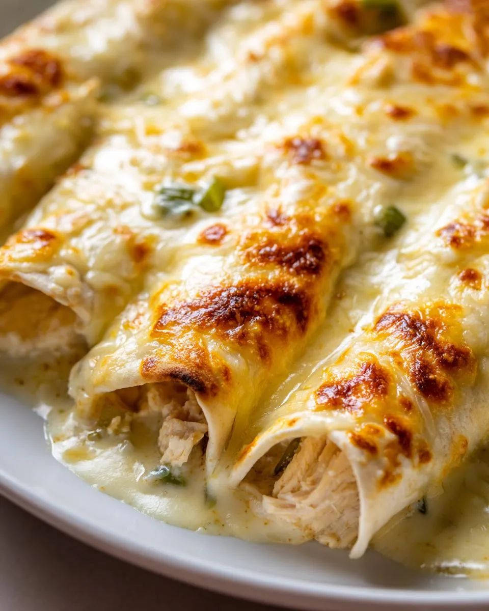 Perfect Creamy White Chicken Enchiladas in 9 Steps 4 Close-up of baked Creamy White Chicken Enchiladas covered in melted cheese and white sauce.