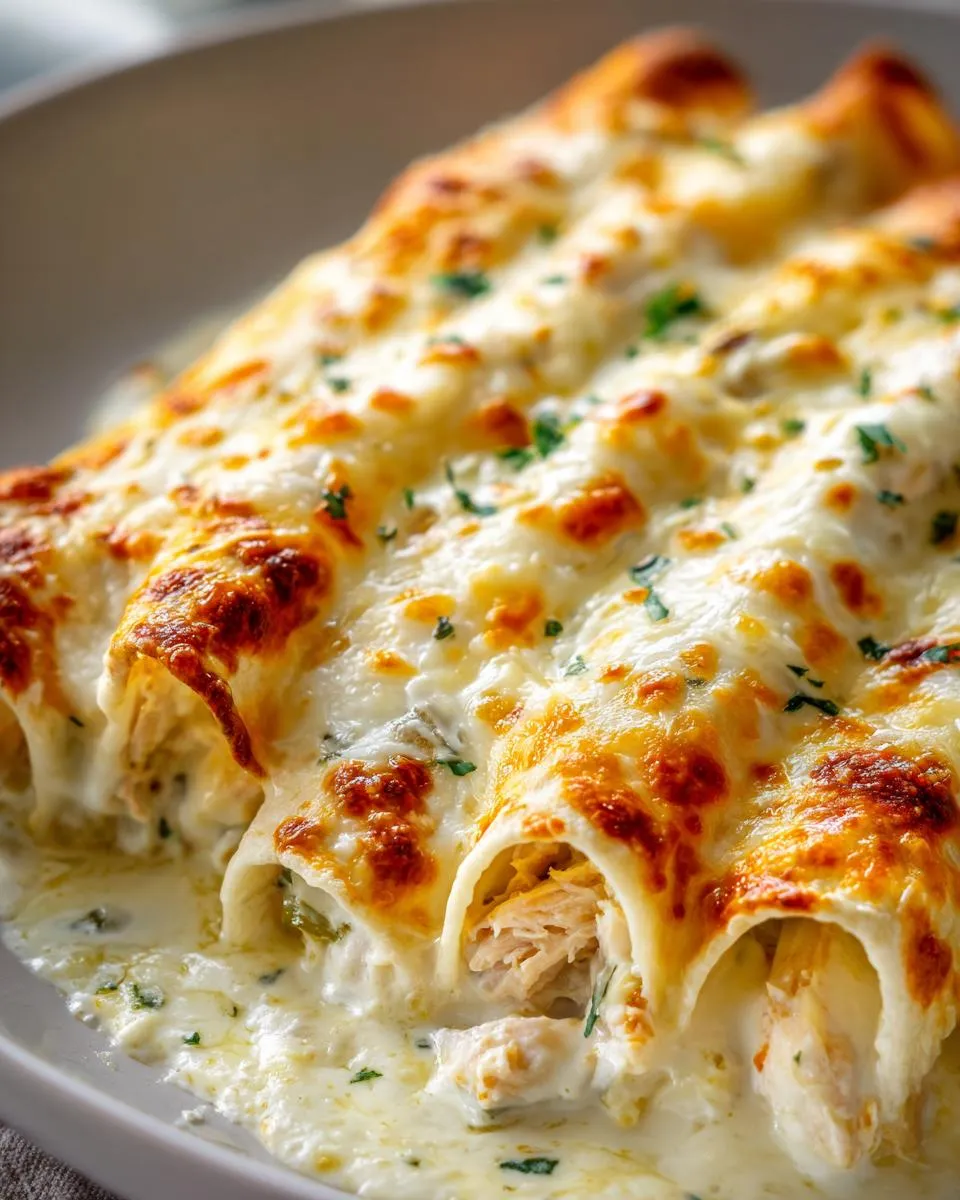 Perfect Creamy White Chicken Enchiladas in 9 Steps 5 Close-up of baked Creamy White Chicken Enchiladas topped with golden melted cheese and sprinkled with parsley.