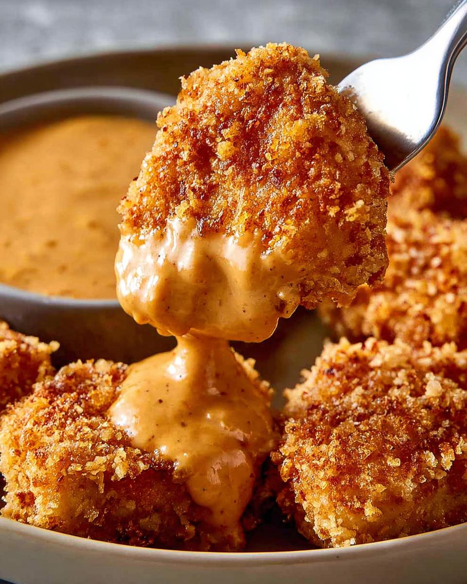 Crispy Air Fryer Chicken Nuggets with Honey Mustard Dip 4 A fork is dipping a crispy air fryer chicken nugget into a creamy honey mustard dip.