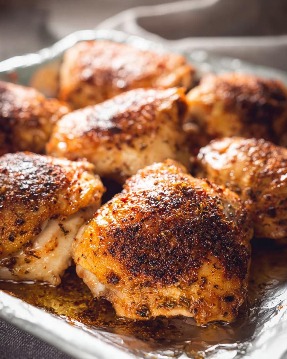 5-Minute Prep Crispy Baked Chicken Thighs Easy Oven Recipe 4 Close-up of perfectly seasoned Crispy Baked Chicken Thighs, glistening and golden brown from the oven.