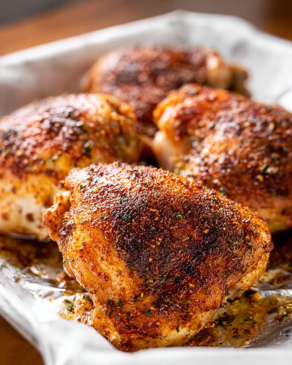 5-Minute Prep Crispy Baked Chicken Thighs Easy Oven Recipe 5 Close-up of perfectly seasoned and crispy baked chicken thighs fresh from the oven.