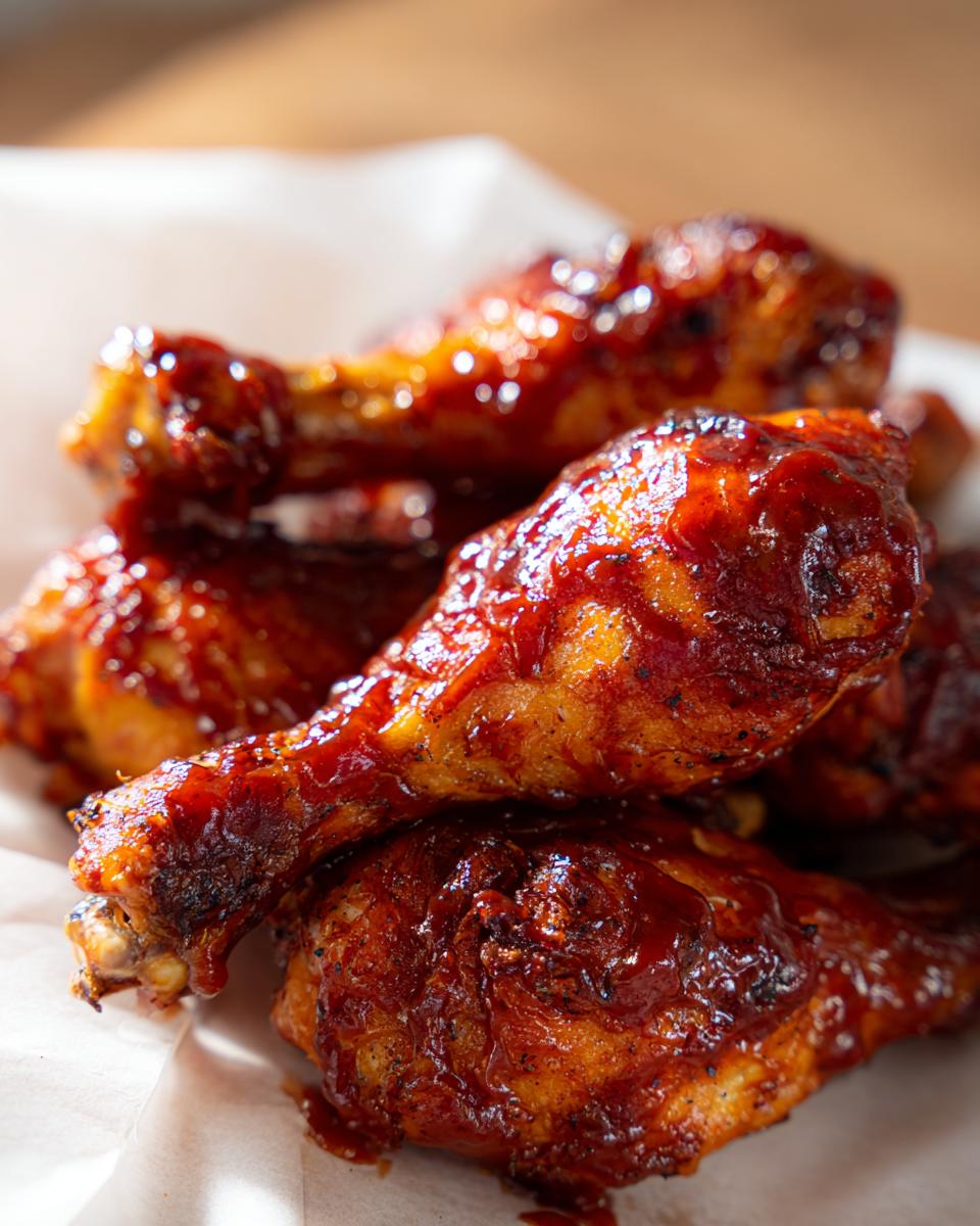 Amazing Crispy Baked Honey BBQ Chicken Drumsticks 4 A close-up shot of several crispy baked honey BBQ chicken drumsticks, glistening with sauce.