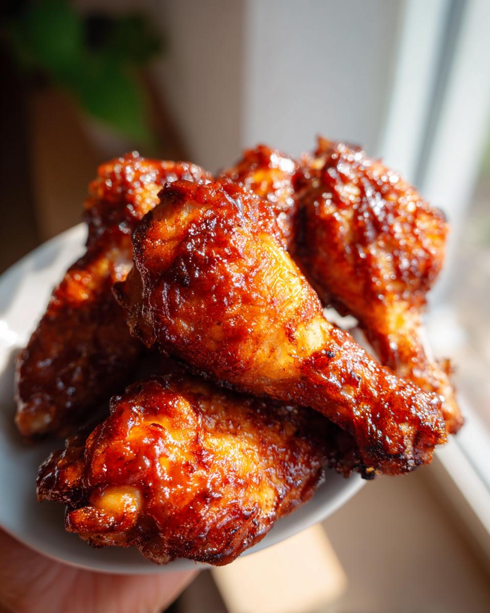 Amazing Crispy Baked Honey BBQ Chicken Drumsticks 5 A close-up shot of a pile of crispy baked honey BBQ chicken drumsticks glistening with sauce.