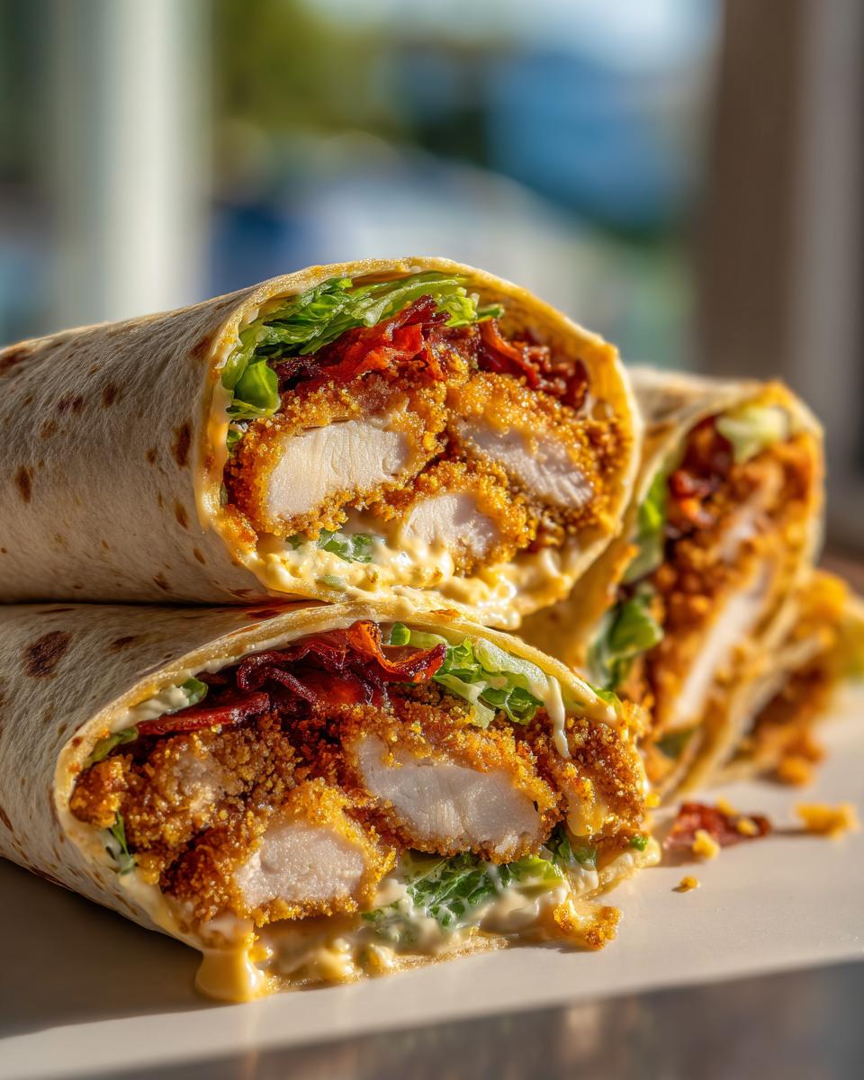 Amazing Crispy Chicken Caesar Wraps in 30 Min 5 Close-up of two crispy chicken caesar wraps cut in half, showcasing tender chicken, fresh lettuce, and creamy sauce.