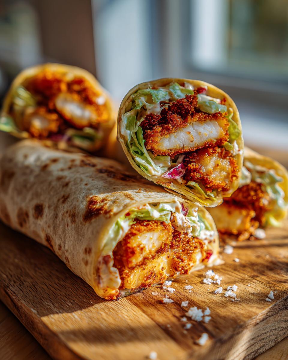 Amazing Crispy Chicken Caesar Wraps in 30 Min 4 Close-up of crispy chicken caesar wraps filled with lettuce, red onion, and creamy dressing on a wooden board.