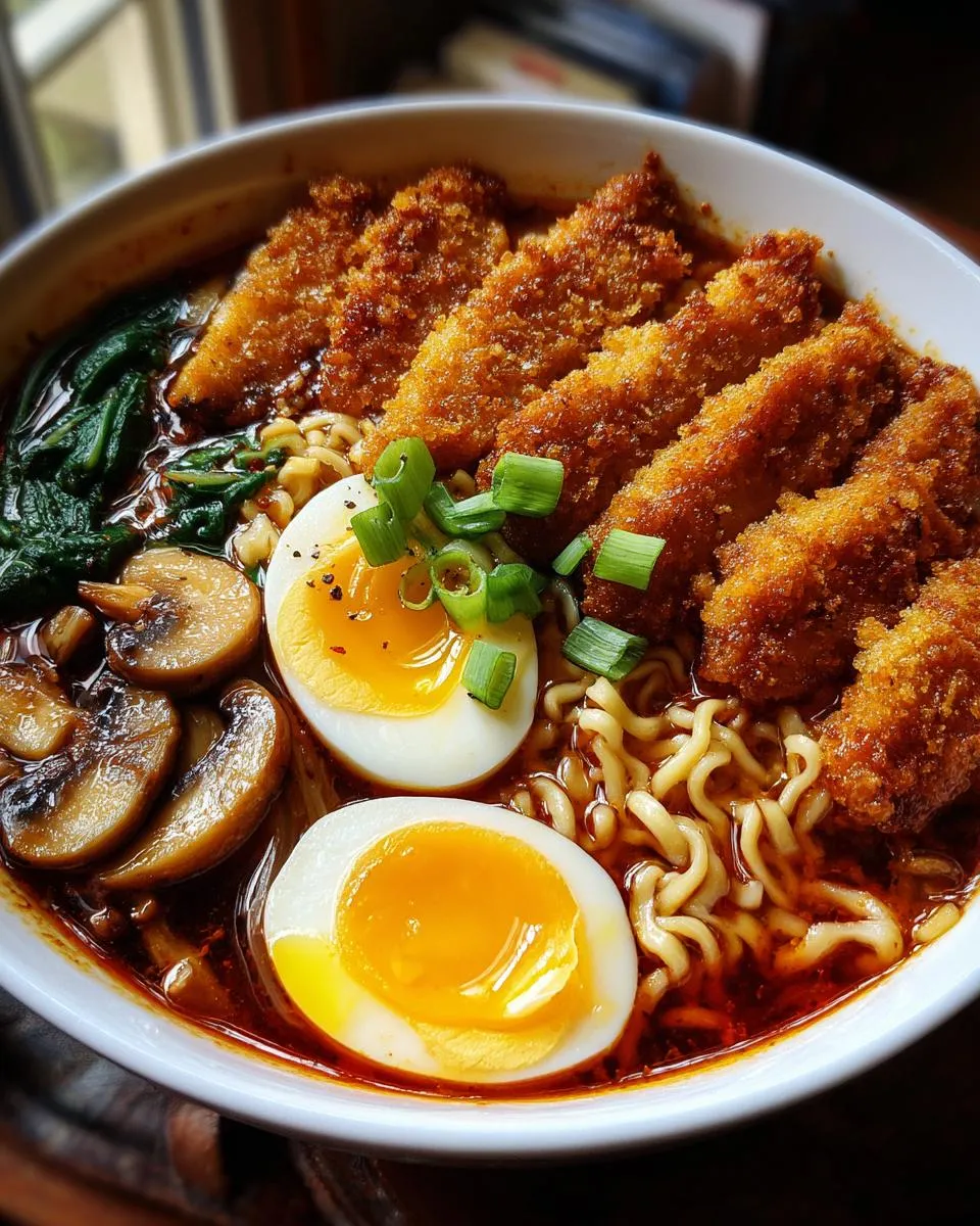 Amazing Crispy Chili Garlic Chicken Ramen Bowls 4 A close-up of crispy chili garlic chicken ramen bowls with ramen noodles, soft-boiled eggs, mushrooms, and greens.