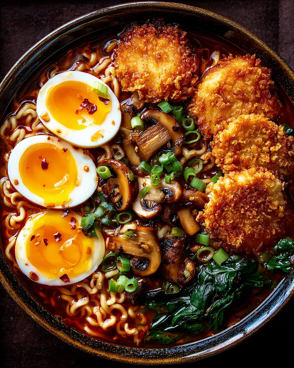 Amazing Crispy Chili Garlic Chicken Ramen Bowls 5 A close-up of a bowl of crispy chili garlic chicken ramen bowls with ramen noodles, soft-boiled eggs, mushrooms, and greens.