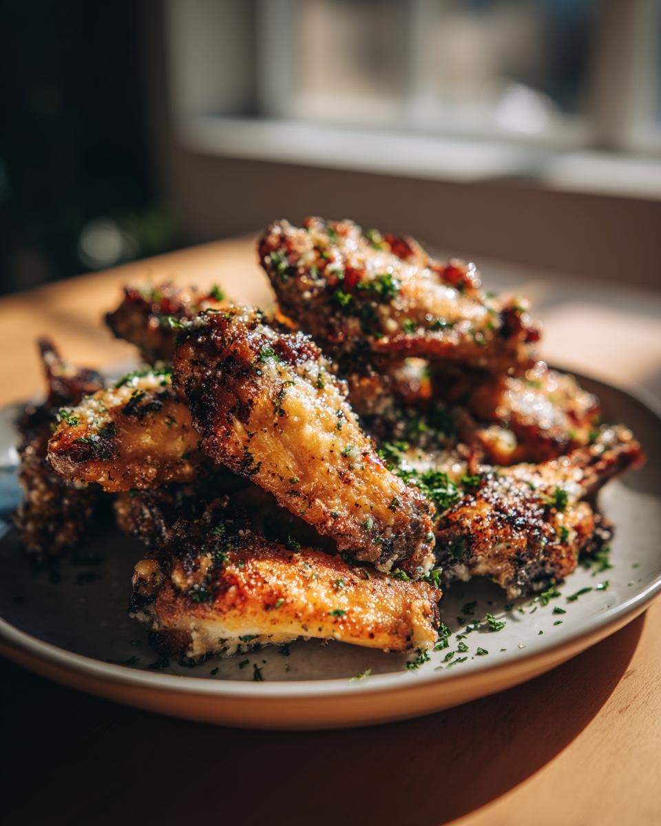 Crispy Garlic Parmesan Chicken Wings: 1 Flavor Bomb 5 A close-up shot of a pile of crispy Garlic Parmesan Chicken Wings, sprinkled with fresh parsley.