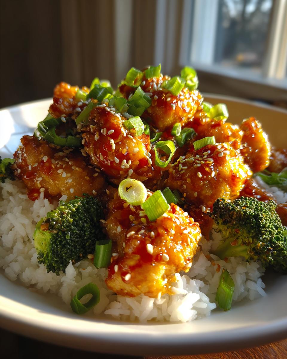 Amazing Crispy Orange Chicken Bowls in 35 Mins 4 Close-up of delicious crispy orange chicken bowls topped with sesame seeds and green onions, served with steamed broccoli.