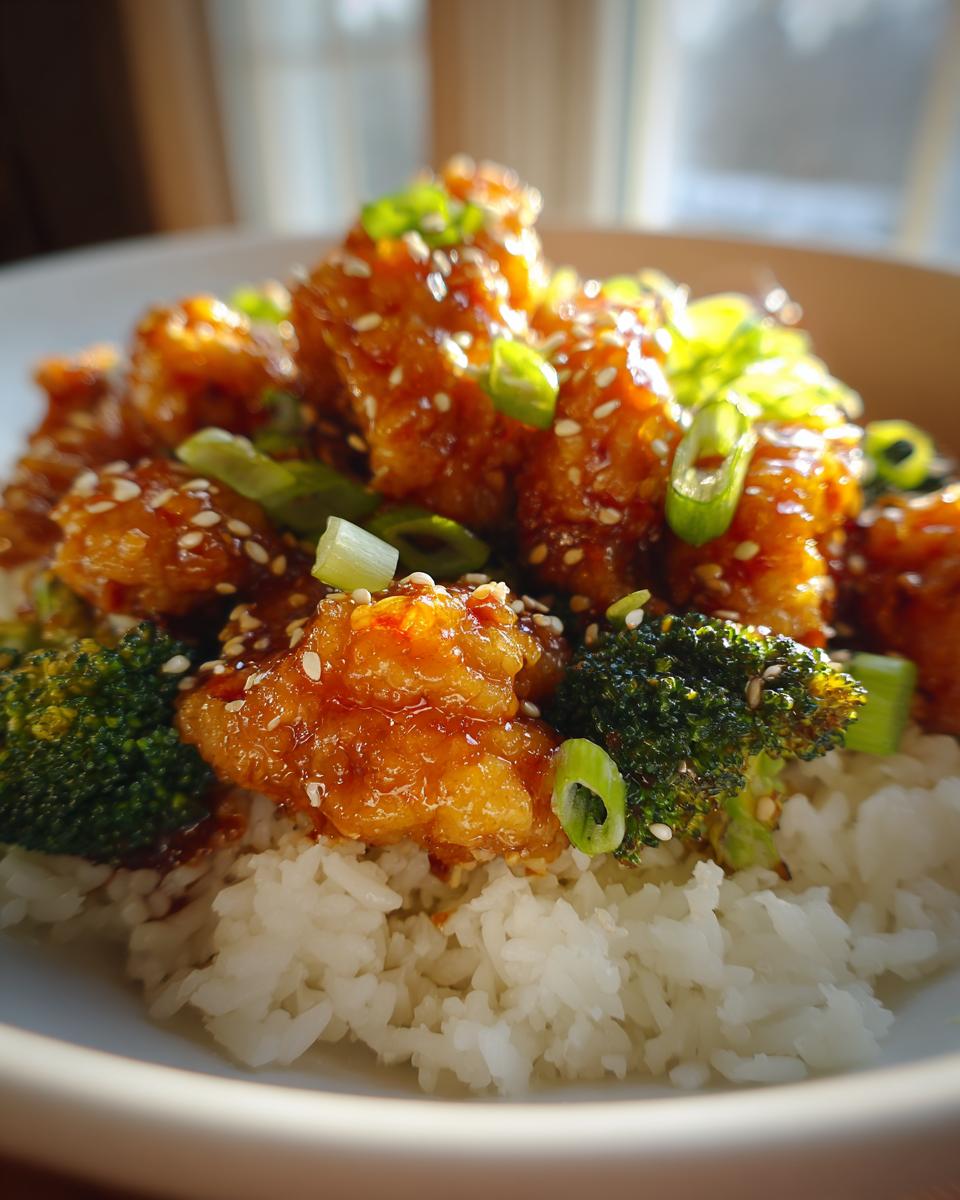 Amazing Crispy Orange Chicken Bowls in 35 Mins 5 A close-up of Crispy Orange Chicken Bowls, featuring glazed chicken pieces, fluffy white rice, and steamed broccoli florets, garnished with green onions and sesame seeds.