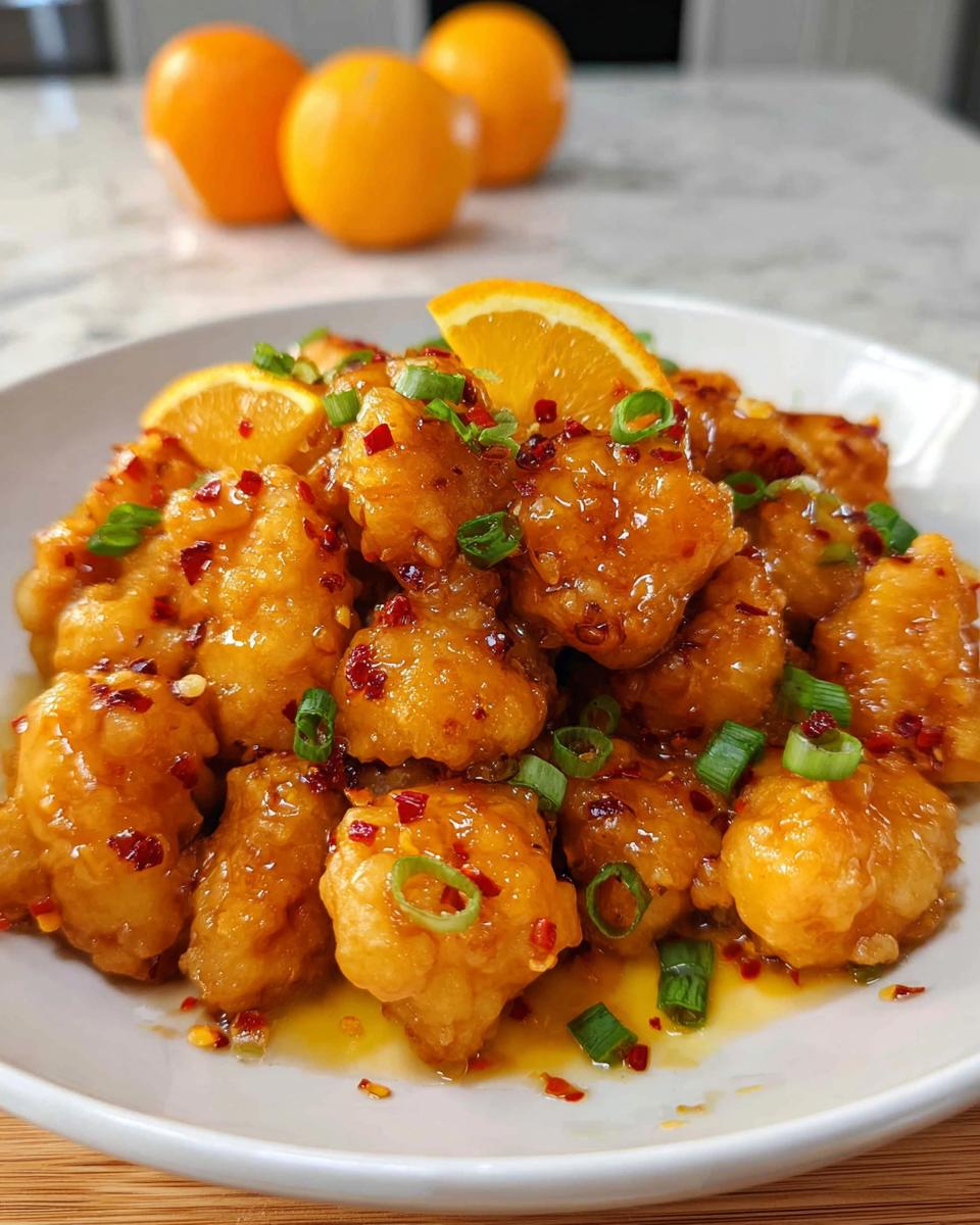 Irresistible Crispy Orange Chicken in 35 Minutes 5 A close-up of Crispy Orange Chicken glazed in sauce, garnished with orange slices, chili flakes, and chopped scallions.