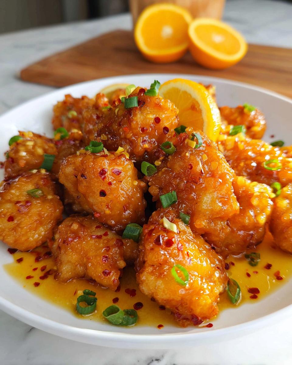 Irresistible Crispy Orange Chicken in 35 Minutes 4 A close-up of Irresistible Crispy Orange Chicken, coated in a glossy sauce and garnished with green onions and chili flakes.