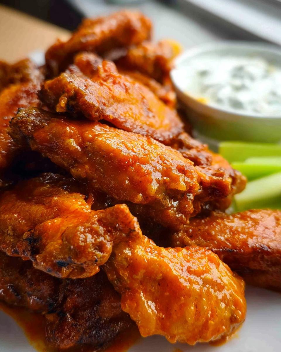 Crispy Oven Baked Buffalo Wings: The 5-Ingredient Secret 5 Close-up of a plate of Crispy Oven Baked Buffalo Wings coated in vibrant orange sauce, served with celery sticks and a bowl of dip.