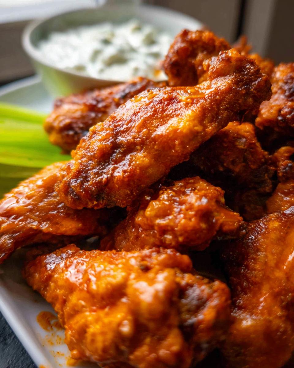 Crispy Oven Baked Buffalo Wings: The 5-Ingredient Secret 4 A close-up, mouth-watering shot of Crispy Oven Baked Buffalo Wings coated in a vibrant orange sauce, served with celery sticks and a bowl of dipping sauce.
