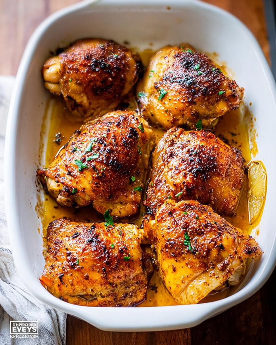 Perfect Crispy Oven Baked Chicken Thighs in 40 Minutes 5 Close-up of perfectly Crispy Oven Baked Chicken Thighs in a white baking dish, glistening with juices and herbs.