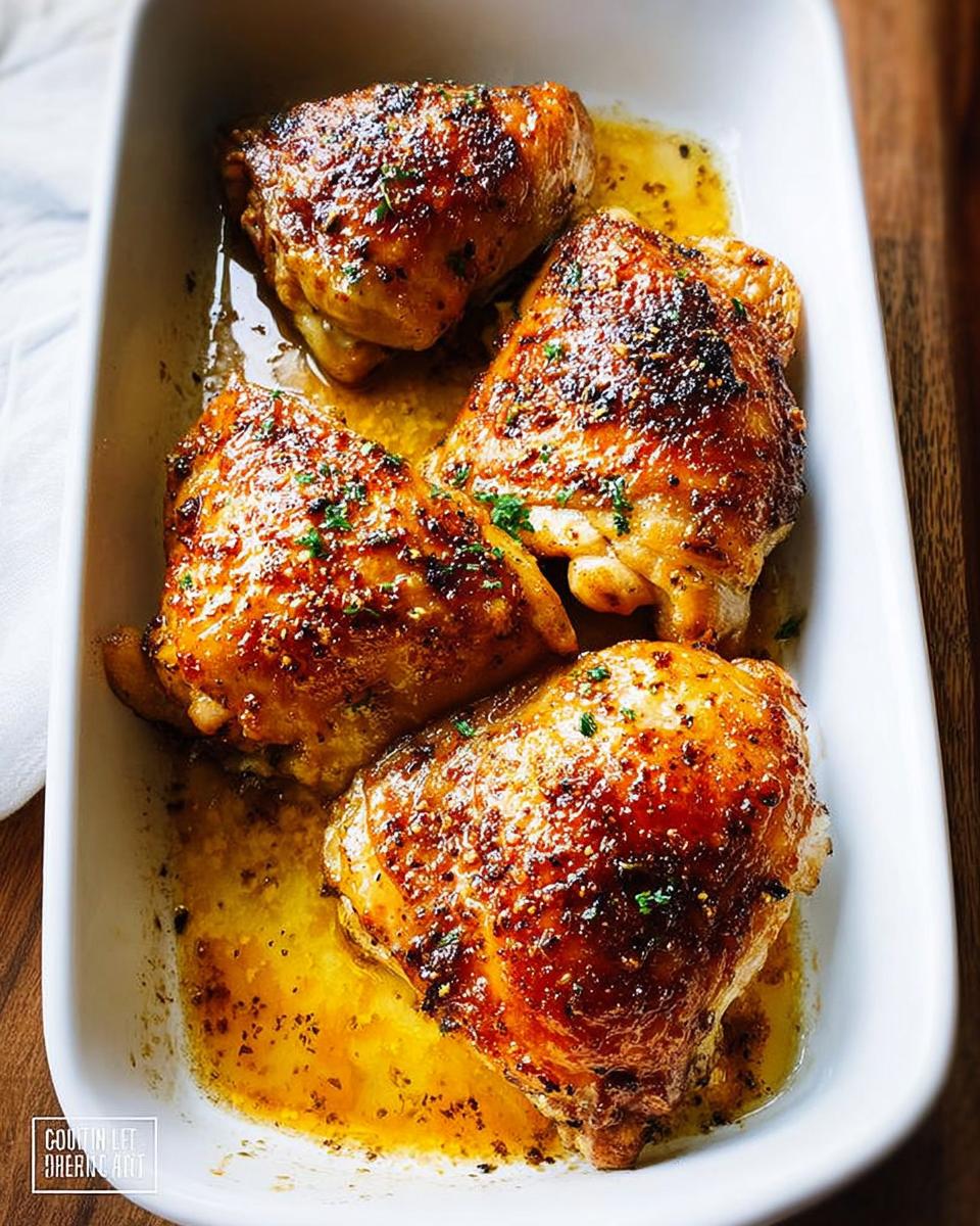 Perfect Crispy Oven Baked Chicken Thighs in 40 Minutes 4 Close-up of four perfectly Crispy Oven Baked Chicken Thighs in a white baking dish with juices.