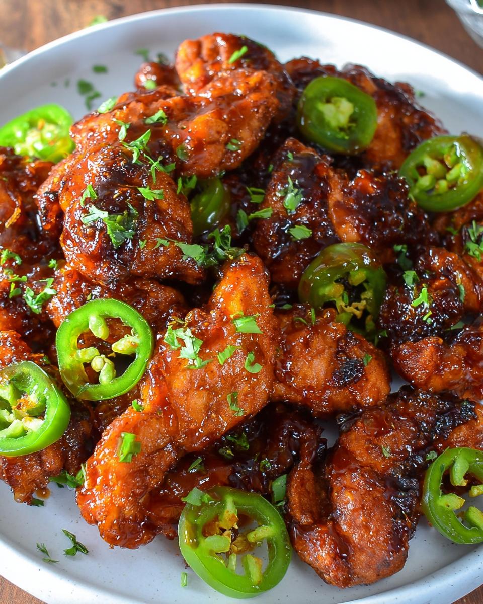 35-Minute Perfect Crispy Spicy Jalapeno Chicken 4 Close-up of Crispy Spicy Jalapeno Chicken pieces coated in a glossy sauce, garnished with fresh jalapeno slices and parsley.