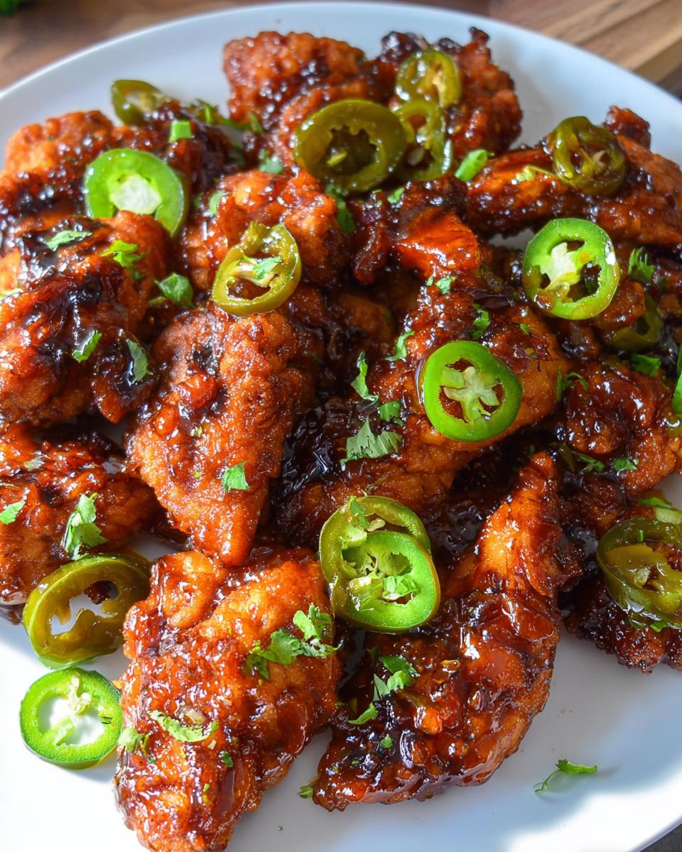 35-Minute Perfect Crispy Spicy Jalapeno Chicken 5 A close-up of delicious Crispy Spicy Jalapeno Chicken pieces coated in a glossy sauce and topped with fresh jalapeno slices and cilantro.