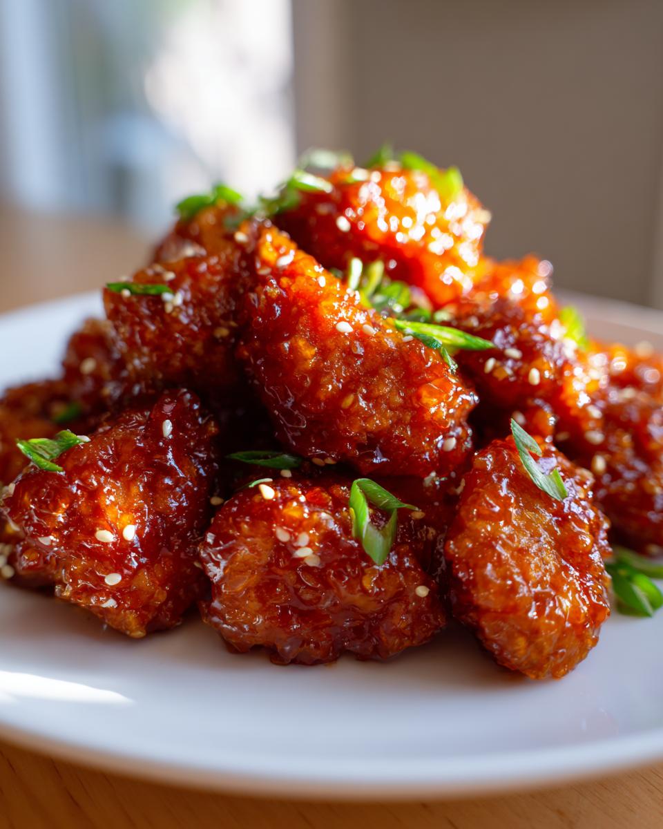 Amazing 30-Minute Crispy Sweet Chili Chicken Bites 5 A close-up of a pile of Crispy Sweet Chili Chicken Bites, glazed and garnished with sesame seeds and green onions.