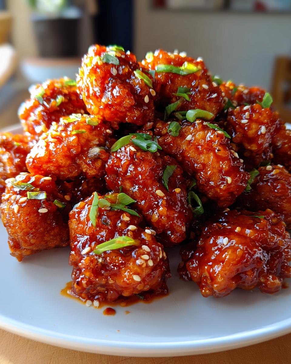 Amazing 30-Minute Crispy Sweet Chili Chicken Bites 4 A close-up of a pile of Crispy Sweet Chili Chicken Bites, glazed in sauce and sprinkled with sesame seeds and green onions.