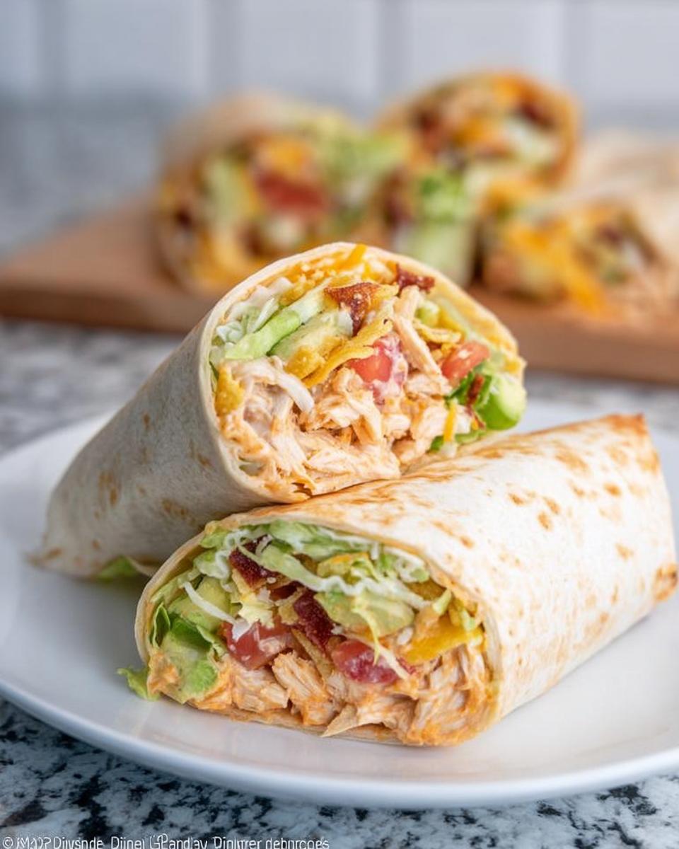 15-Minute Crunchy Southwest Chicken Wrap Miracle 4 A close-up of a Crunchy Southwest Chicken Wrap, sliced in half, revealing shredded chicken, avocado, lettuce, tomato, and cheese.