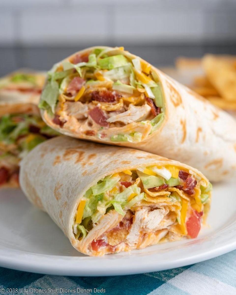 15-Minute Crunchy Southwest Chicken Wrap Miracle 5 A close-up of a halved Crunchy Southwest Chicken Wrap, revealing layers of chicken, lettuce, cheese, bacon, avocado, and crunchy tortilla strips.