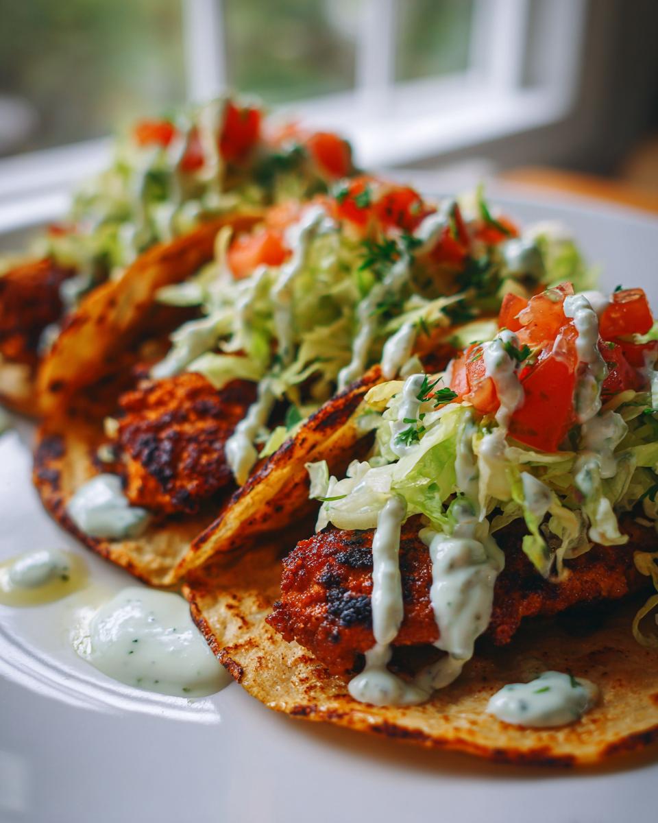 Amazing Dill Pickle Ranch Smash Chicken Tacos 4 Close-up of three Dill Pickle Ranch Smash Chicken Tacos on a white plate, topped with shredded lettuce, diced tomatoes, and creamy ranch drizzle.