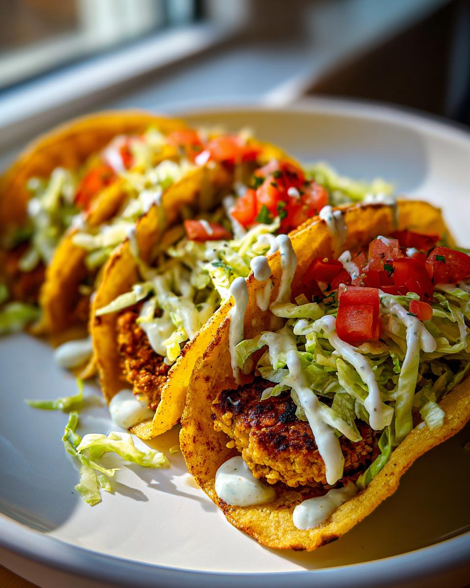 Amazing Dill Pickle Ranch Smash Chicken Tacos 5 Close-up of three Dill Pickle Ranch Smash Chicken Tacos filled with seasoned chicken, shredded lettuce, diced tomatoes, and drizzled with ranch.