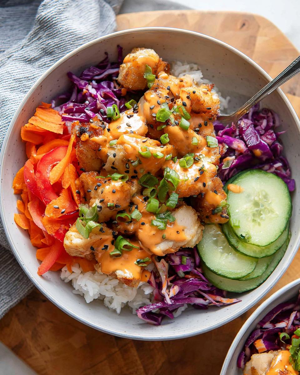 Crave-Worthy 45-Minute Easy Bang Bang Chicken Rice Bowls 4 A vibrant bowl of Easy Bang Bang Chicken Rice Bowls, topped with crispy chicken, creamy sauce, and fresh vegetables.