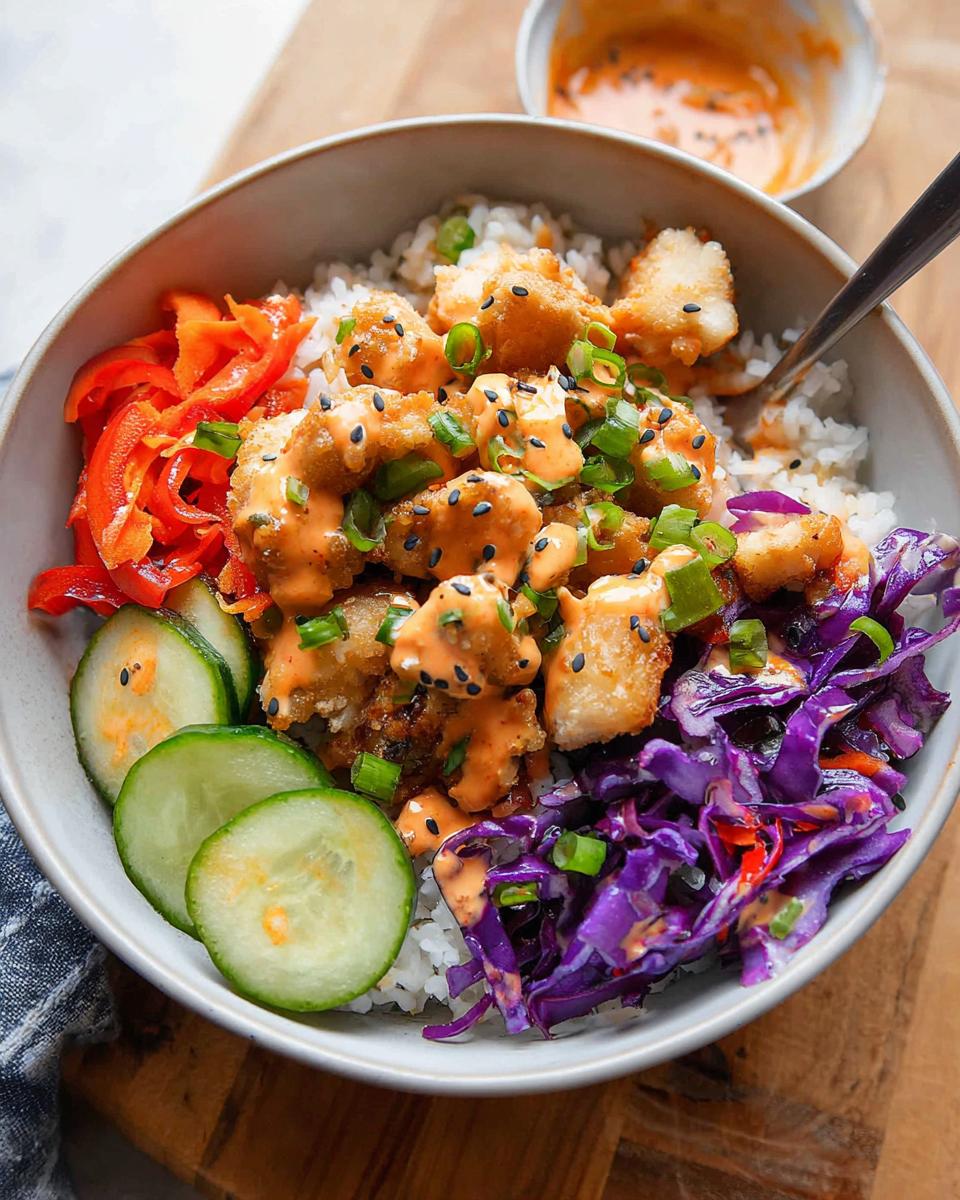 Crave-Worthy 45-Minute Easy Bang Bang Chicken Rice Bowls 5 A close-up of an Easy Bang Bang Chicken Rice Bowl, featuring crispy chicken, rice, and colorful vegetables with a creamy sauce.