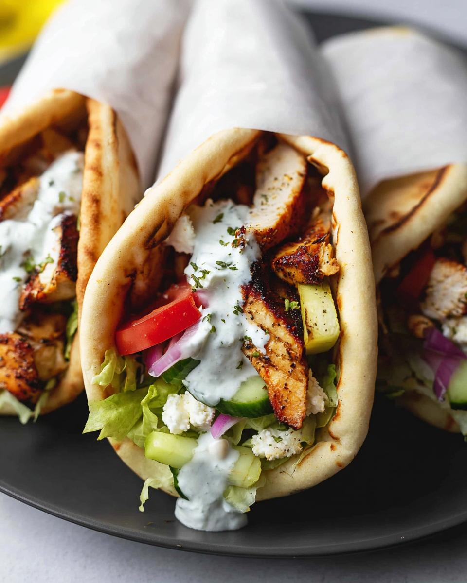 Perfect 30-Minute Easy Chicken Gyros with Tzatziki 5 Close-up of three delicious Easy Chicken Gyros with Tzatziki, filled with grilled chicken, lettuce, tomato, cucumber, and feta.