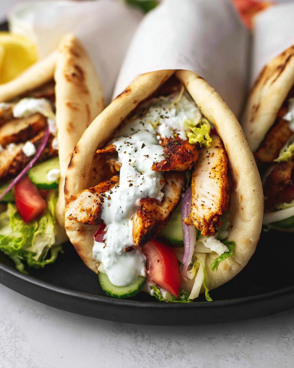 Perfect 30-Minute Easy Chicken Gyros with Tzatziki 4 Close-up of a delicious Easy Chicken Gyro with Tzatziki, filled with grilled chicken, lettuce, tomato, cucumber, and red onion.